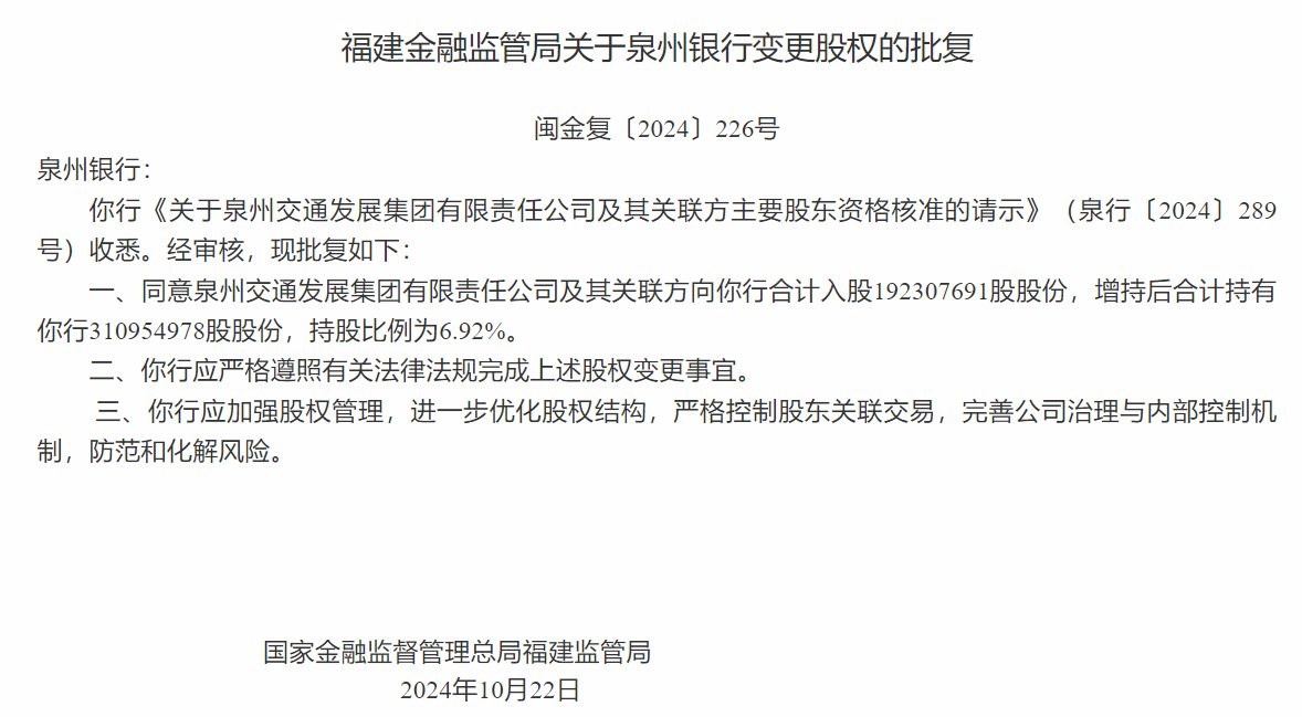 泉州银行：注册资本增至44.96亿元 泉州交通发展集团股权增持至6.92%