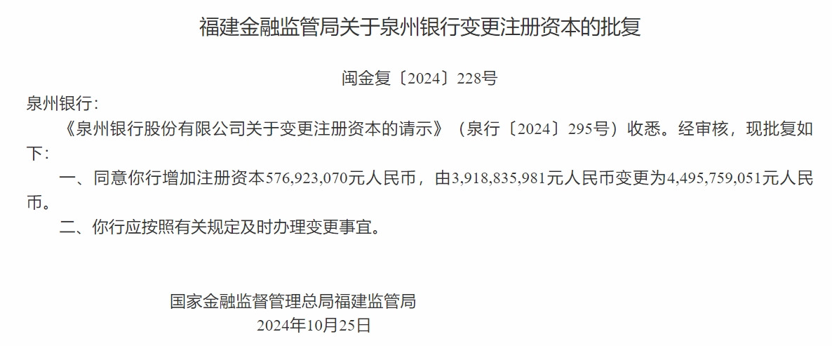 泉州银行：注册资本增至44.96亿元 泉州交通发展集团股权增持至6.92%-第2张图片-贵阳人才网