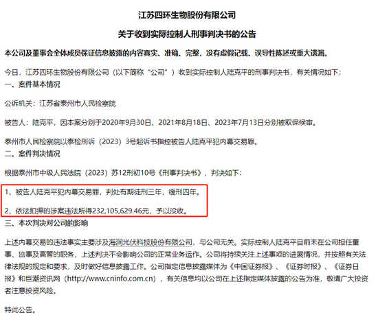 四环生物实控人陆克平犯内幕交易罪，被判处有期徒刑三年缓刑四年、没收违法所得2.32亿元-第1张图片-贵阳人才网