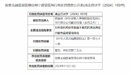 农银人寿宁波分公司因财务数据不真实被罚12万元-第2张图片-贵阳人才网